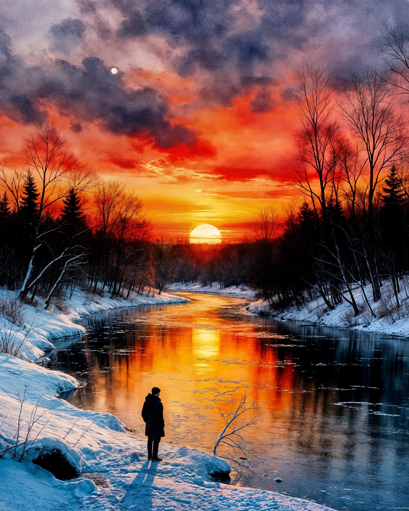 Winter River Sunset in Blended Watercolor Style