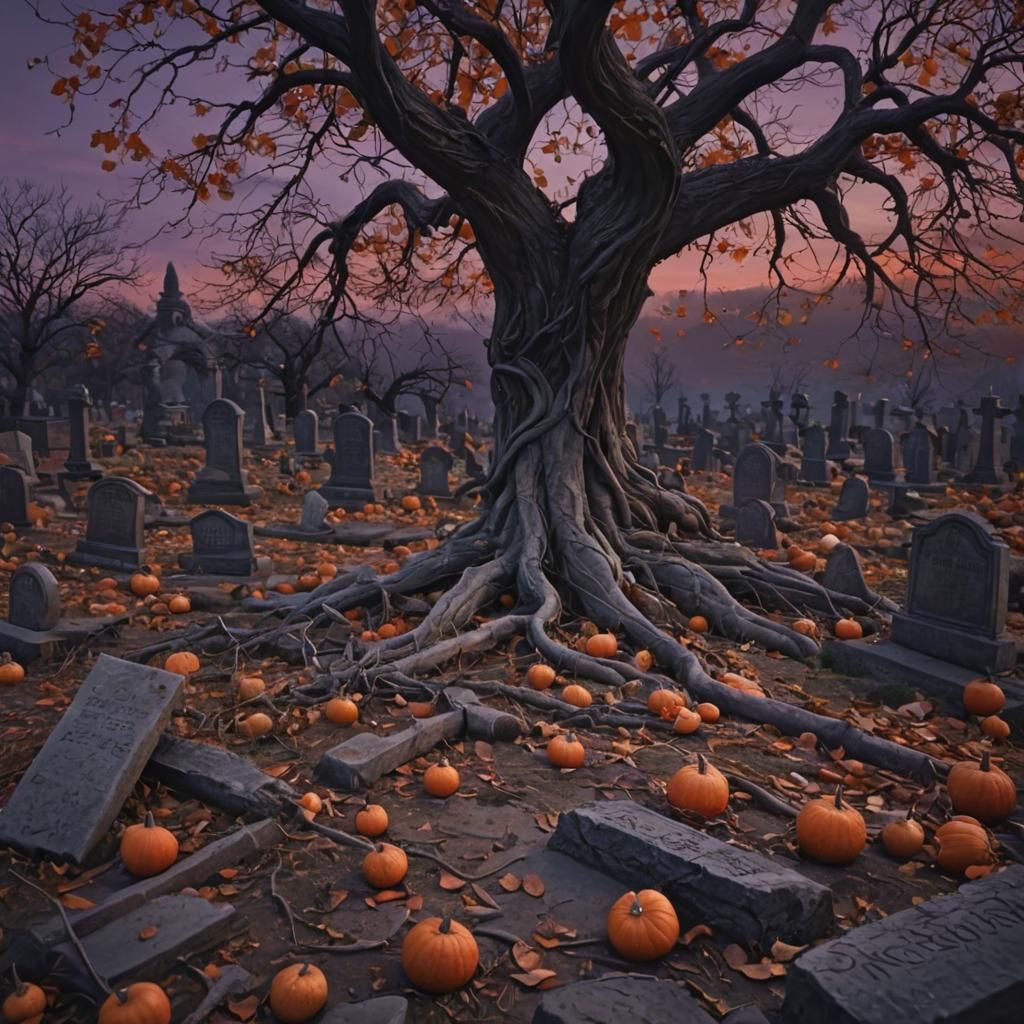 Cornucopia Overflowing with Pumpkins in Gothic Graveyard