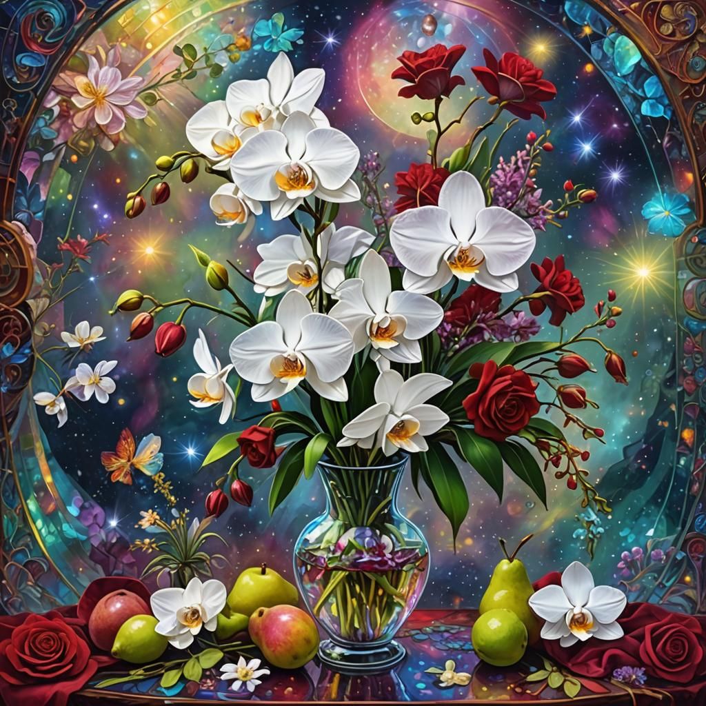 Orchids, Rose, and Fruit: A Cosmic Still Life