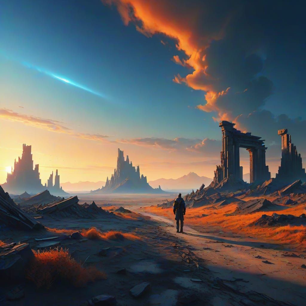 Barren Wasteland with Ruined Temple in Golden Hour