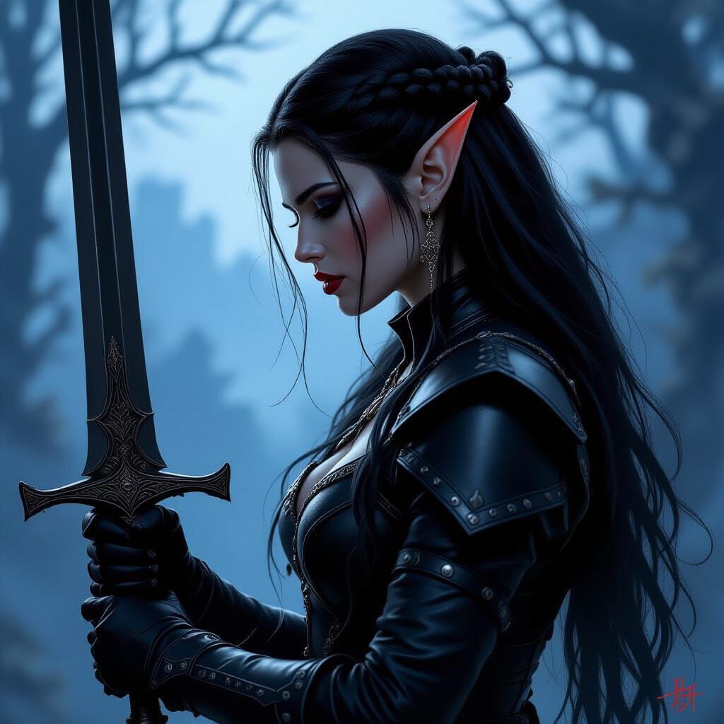 "A captivating dark fantasy painting depicts a female warrio...