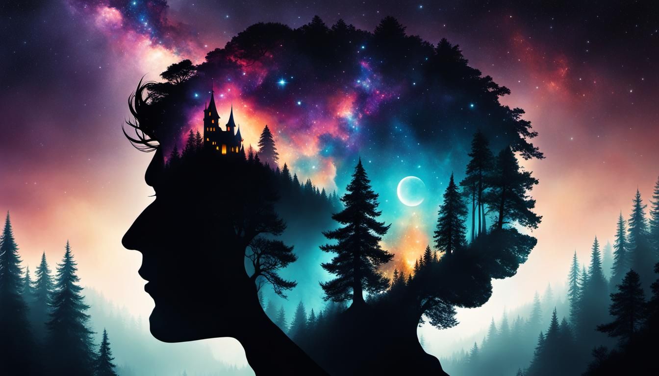 double exposure silhouette,  Wizard standing on top of a Hil...