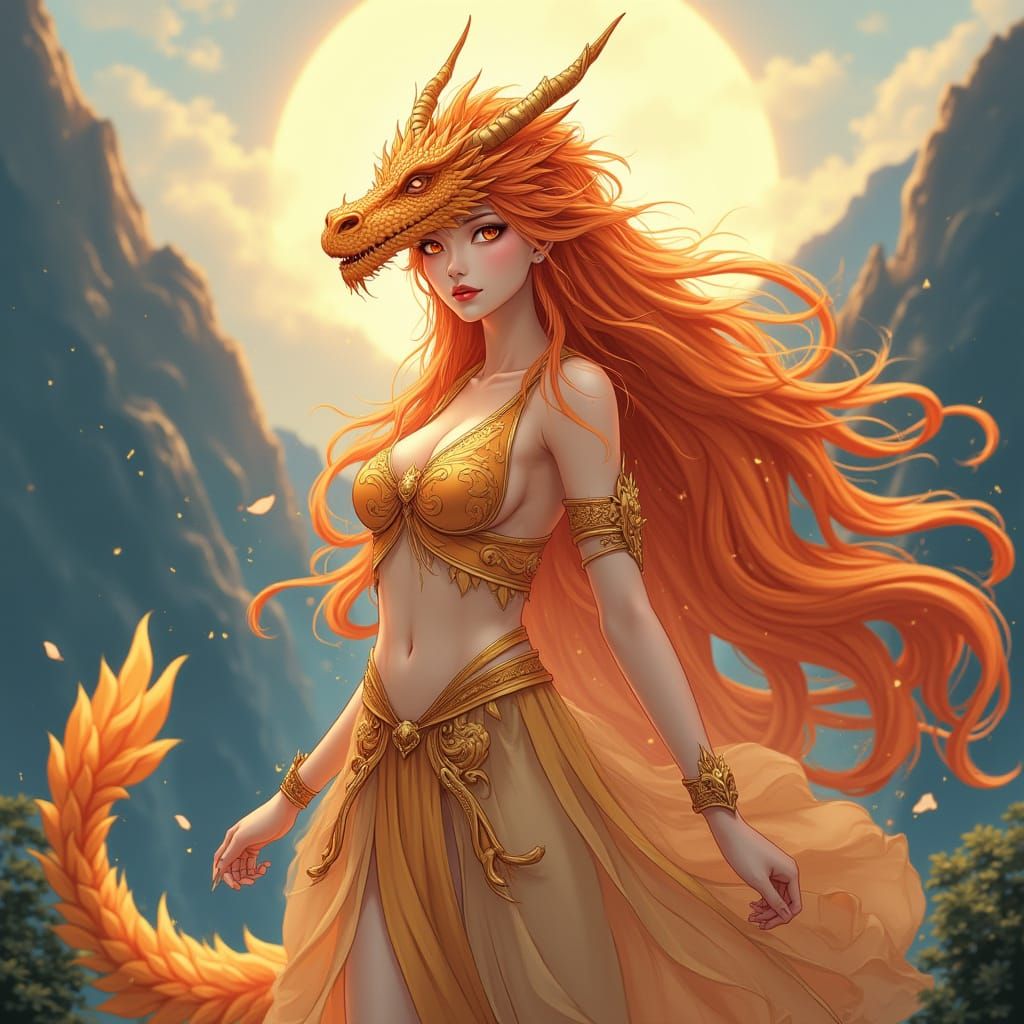 Amber Gold Dragon Maiden in Mystical Mountain Landscape