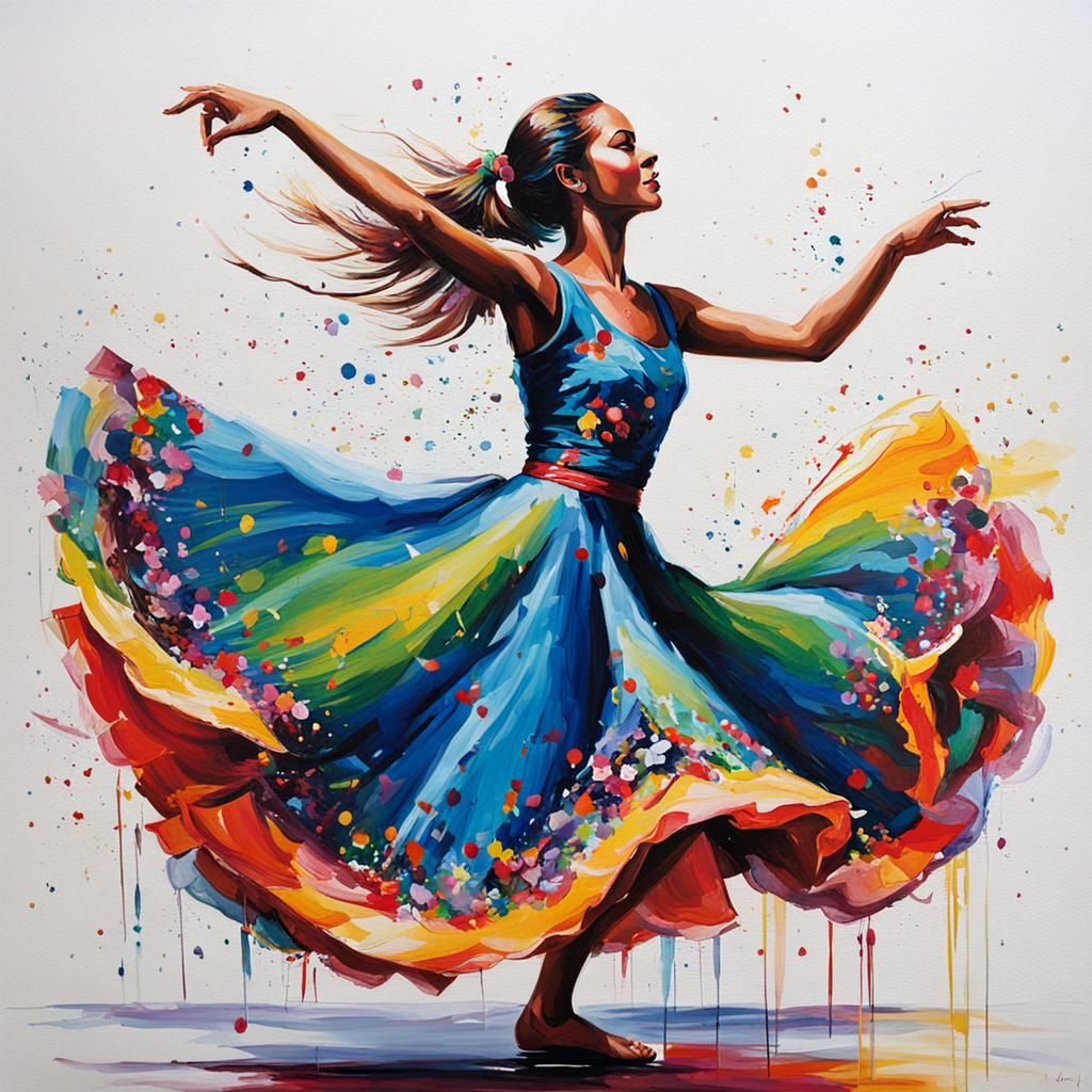 Girl Dancing in Colorful Dress Painting