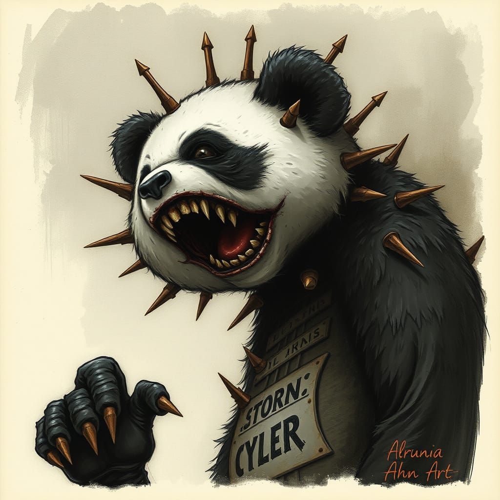 Dark Horror Panda with Rusty Spikes Illustration