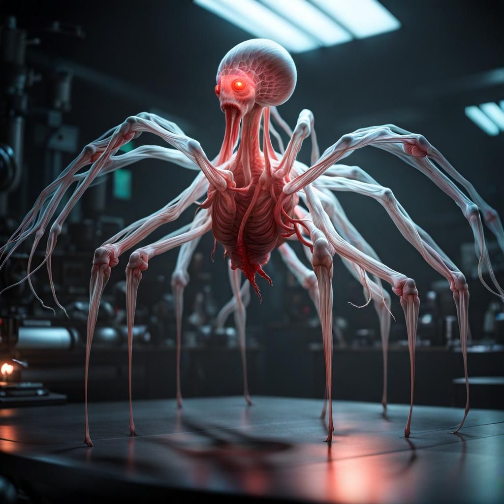 Luminous Multi-Limbed Creature in Dark Lab, Surreal Art