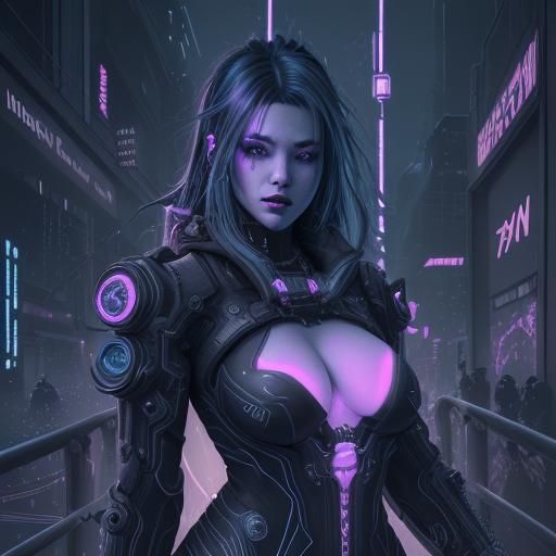 Cyberpunk Woman in Neon City: Detailed Line Art