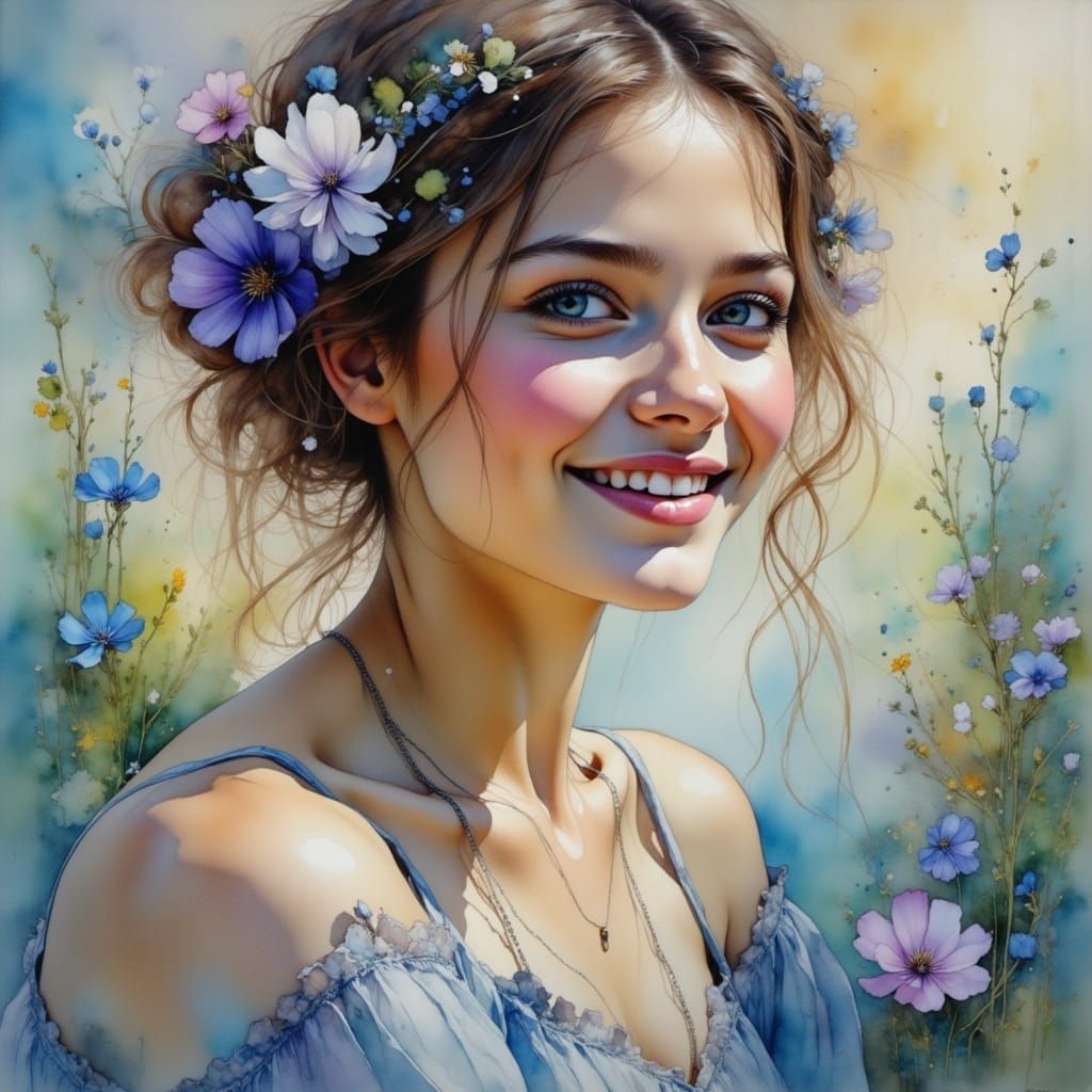 Smiling Woman in Floral Dress as Oil Painting