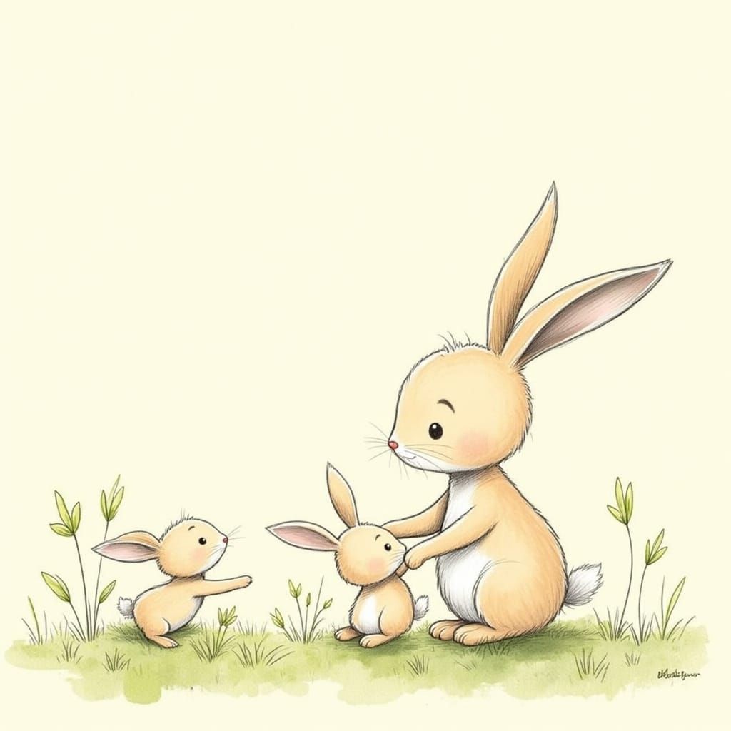 Whimsical Mother Rabbit Plays with Baby Bunnies in Watercolo...