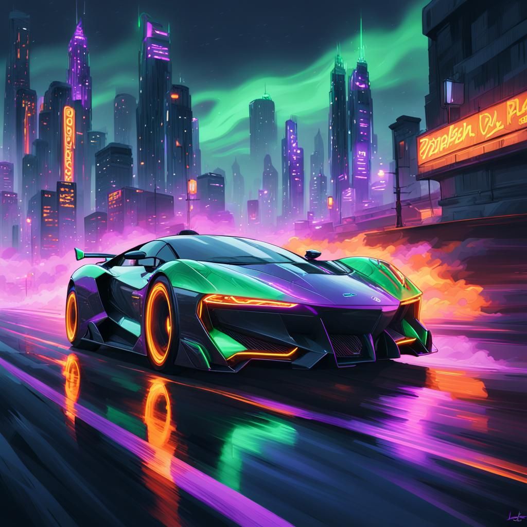 Cyberpunk Supercar Races Through Neon Cityscape