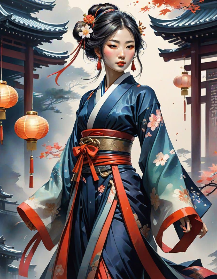 Japanese Noble Girl in Vibrant Watercolor Fantasy