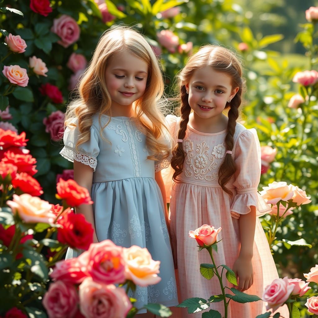 Sisters in Rose Garden, Impressionist Style