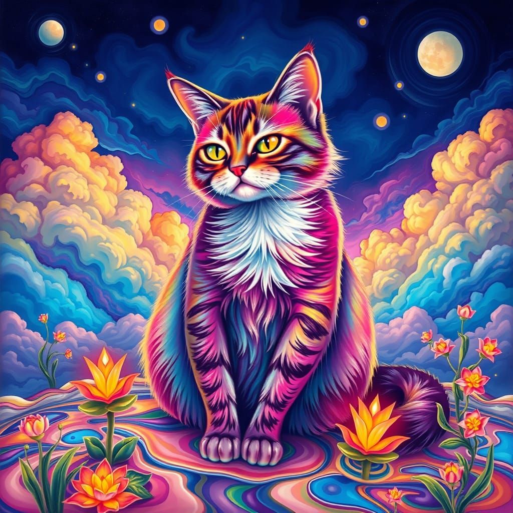 Dreamlike Cat in Surrealist Landscape