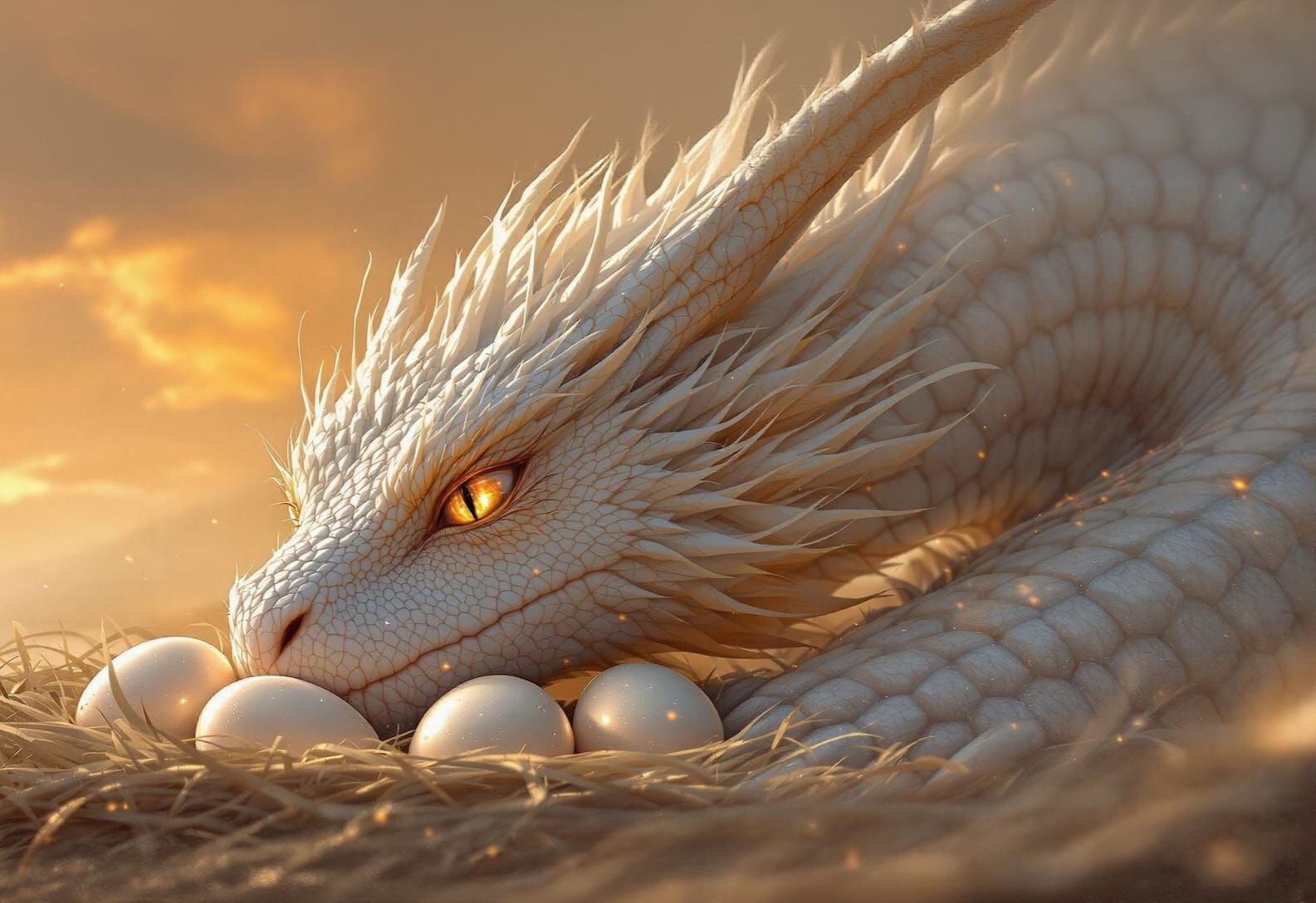 Dragon Mother Protecting Eggs in Fantasy Landscape