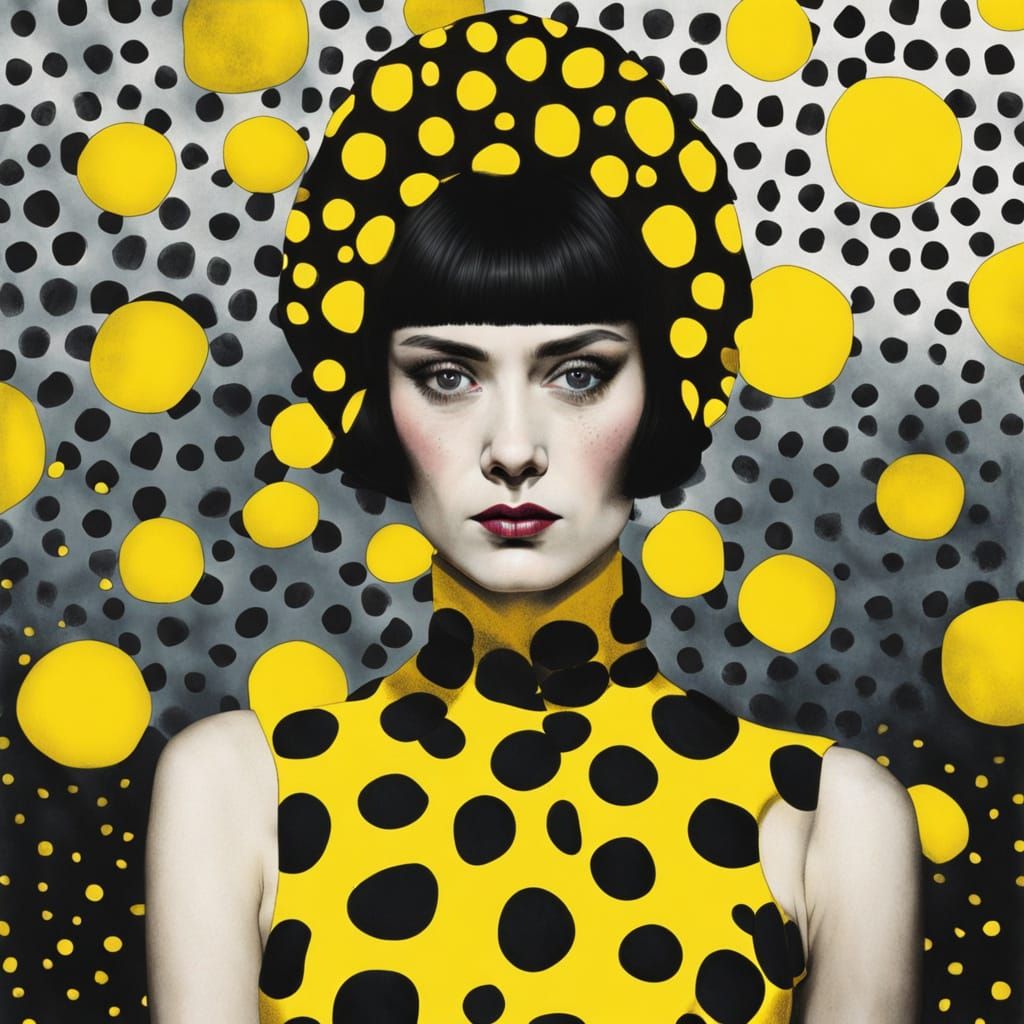Portrait, low angle, black polkadots, goth chiaroscuro, hand coloured yellow photo , Sara Riches ,Yayoi kusama