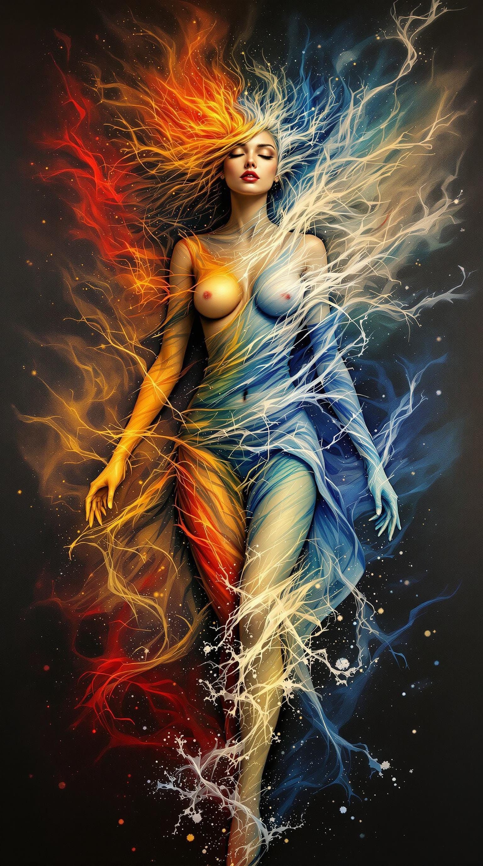 Elemental Woman Wrapped in Air, Fire and Water