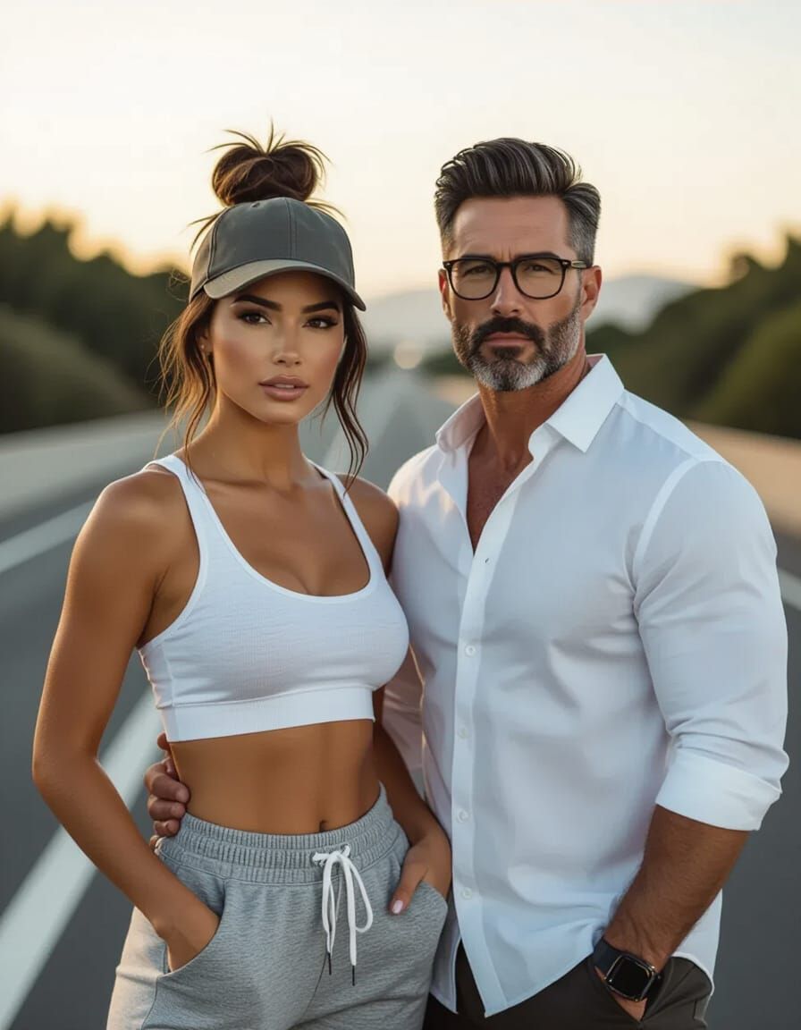 Fashionable Couple on Luxurious Highway in Cinematic Style