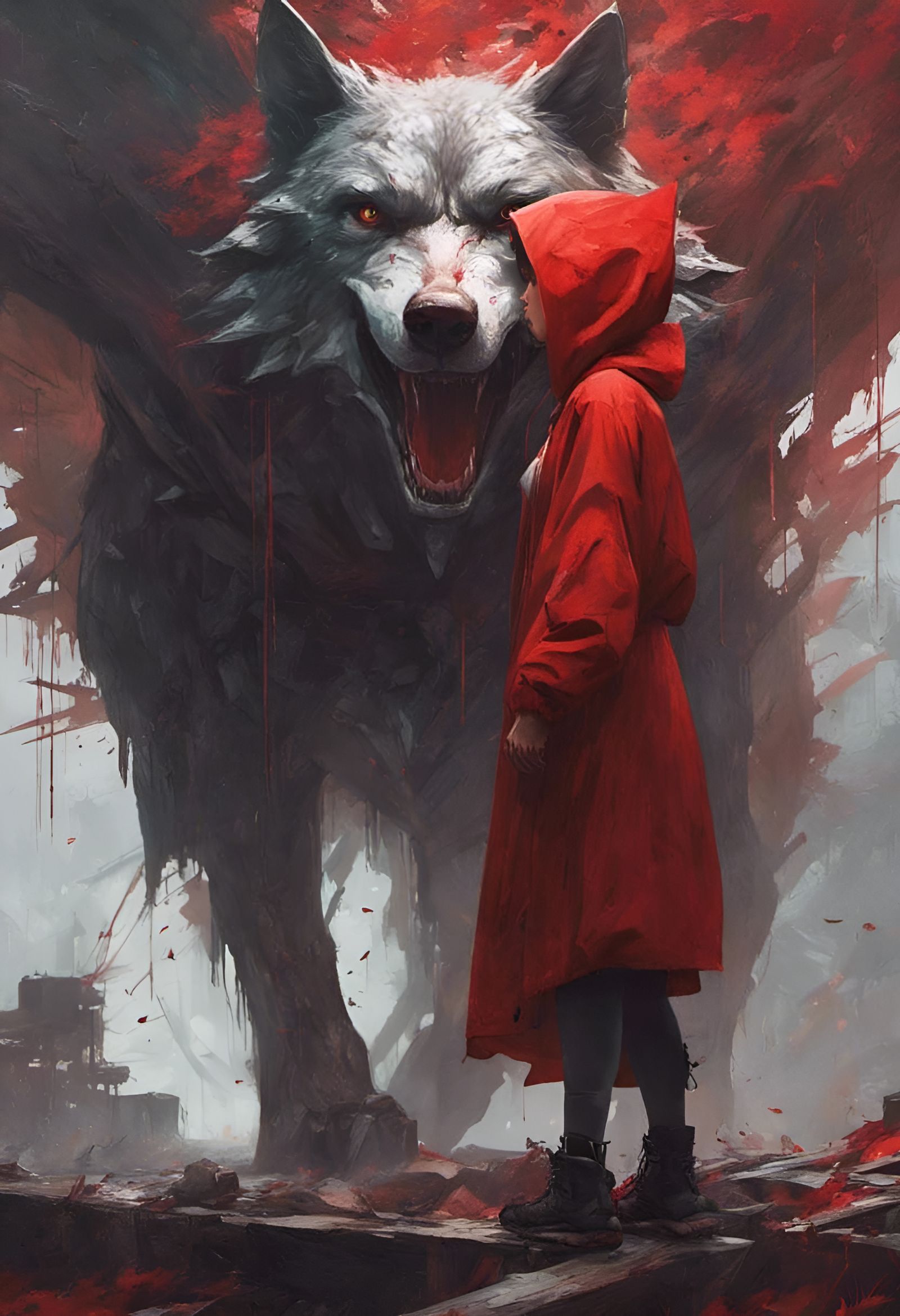 Red Riding Hood and Wolf in Cyberpunk Style