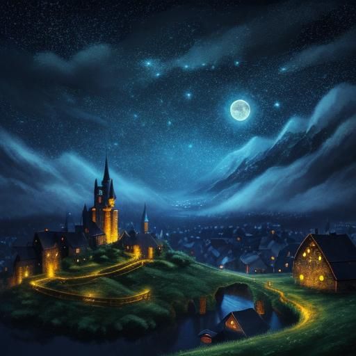Fantasy Village Under Starry Night Sky