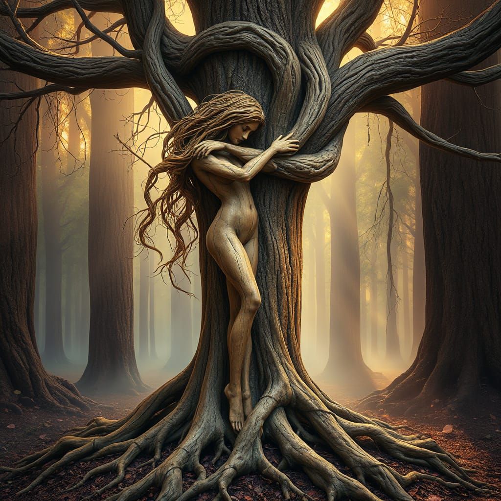 Wooden Woman Embracing Ancient Tree in Mystical Forest