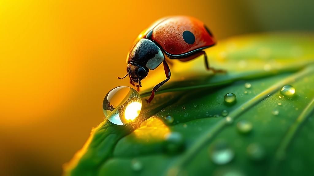 Ladybug Sipping Waterdrop: Hyper-Realistic Fantasy Illustrat...