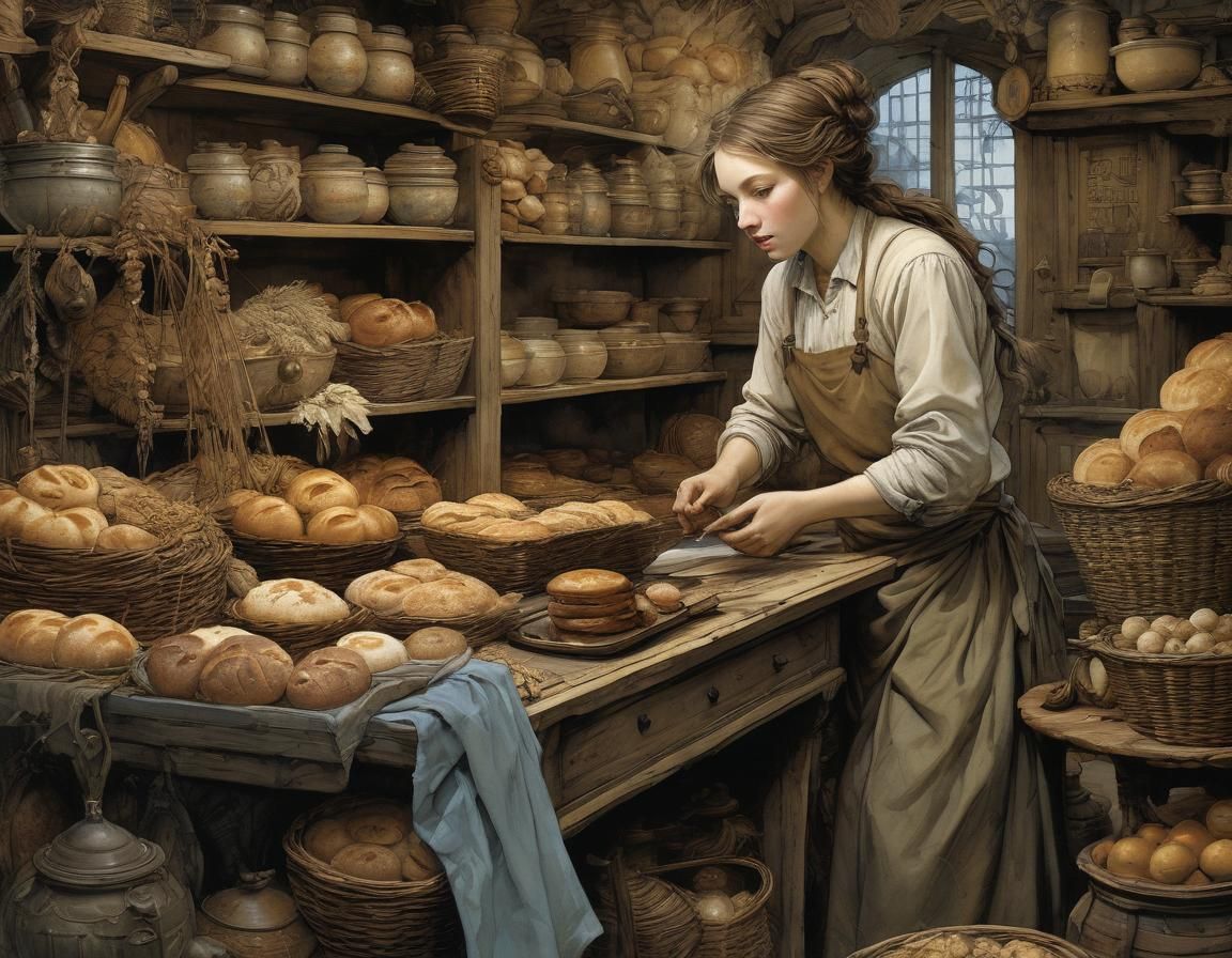 Intricate Bakery Scene in Expressive Fantasy Style