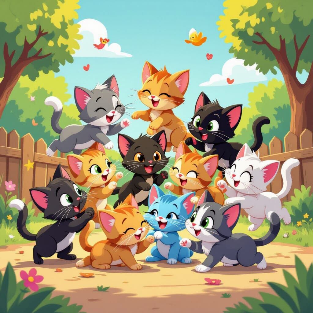 Kittens Playfully Tumble in Cartoon Style