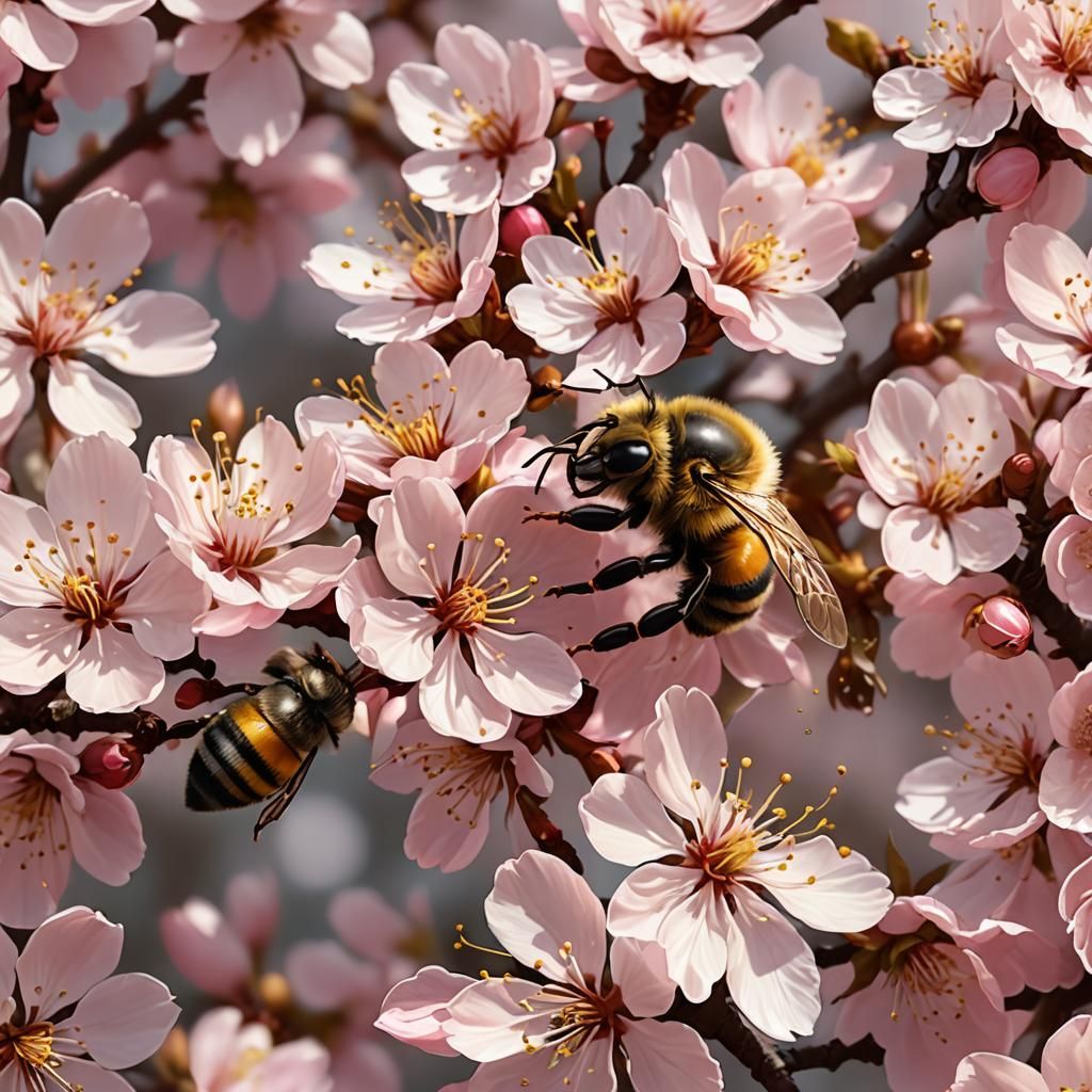 Animated Cherry Blossom Macro with Bee, 3D Digital Art