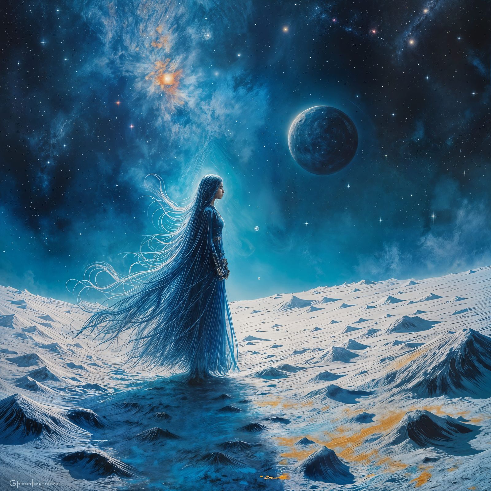 Blue Entity Walks on Moon in Graffiti Art