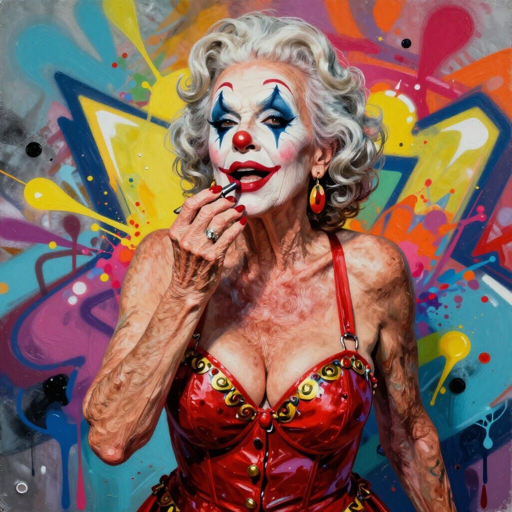 Sexy Clown Grandma Applying Lipstick in Stripper Outfit