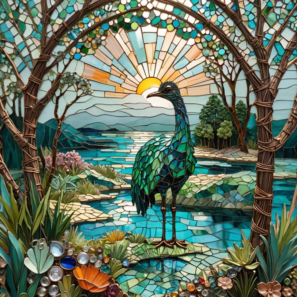 Tropical Lagoon Mosaic with Emu Sculpture