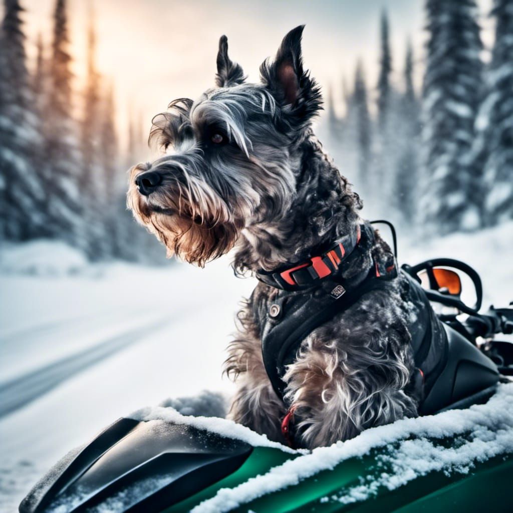 Schnauzer Races Snowmobile in Hyperrealistic Detail
