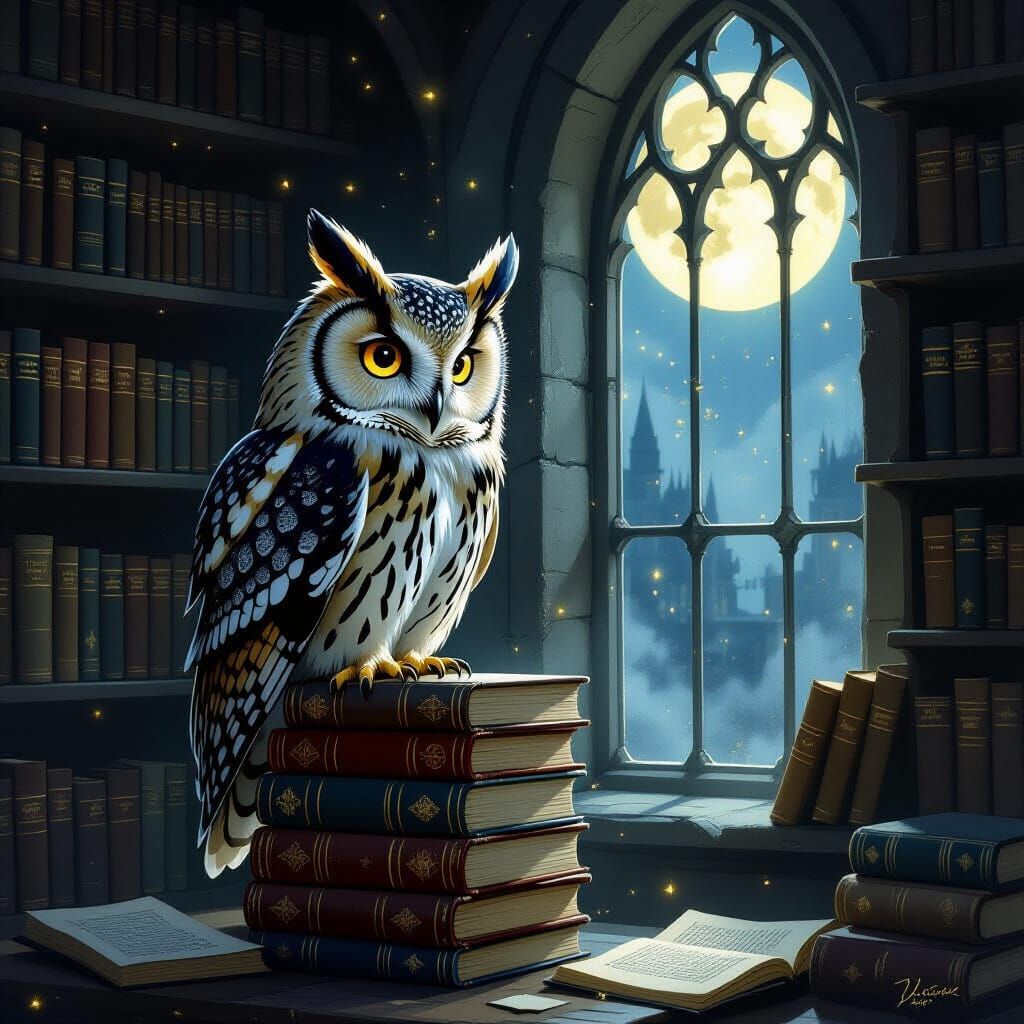 Ancient Owl on Books in Moonlit Library