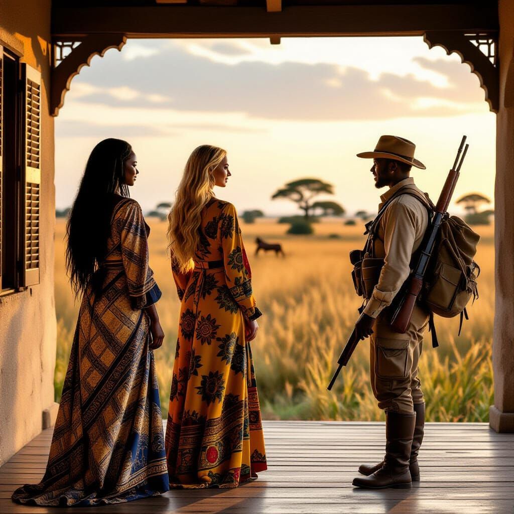 African Savannah Scene with Colonial House and Figures