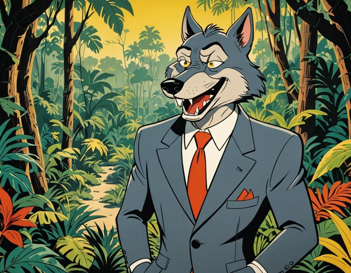 Vintage Cartoon Wolf Leering in Jungle