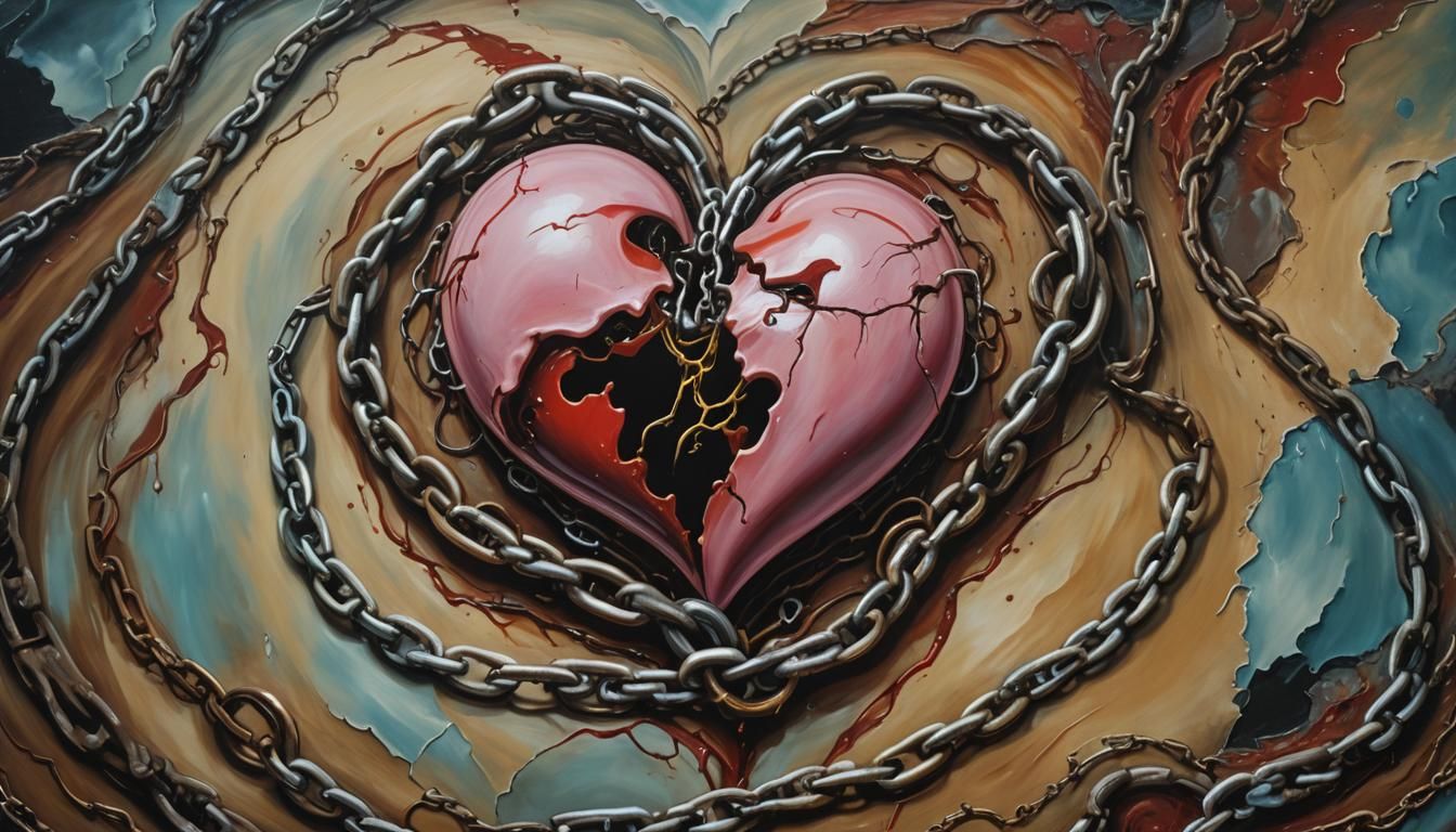 Surreal Chained Heart in Oil on Canvas Texture