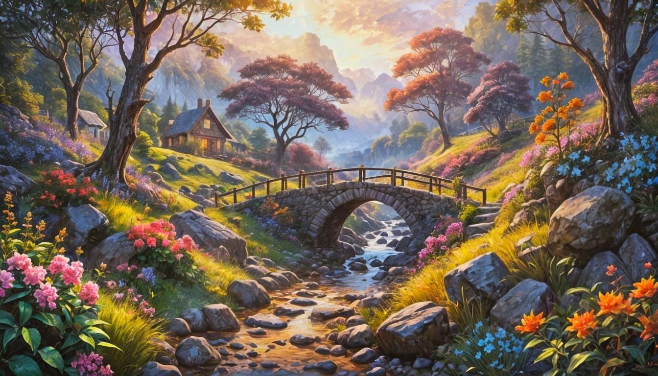 Dreamy Rhododendron Bridge Landscape in Whimsical Art Style
