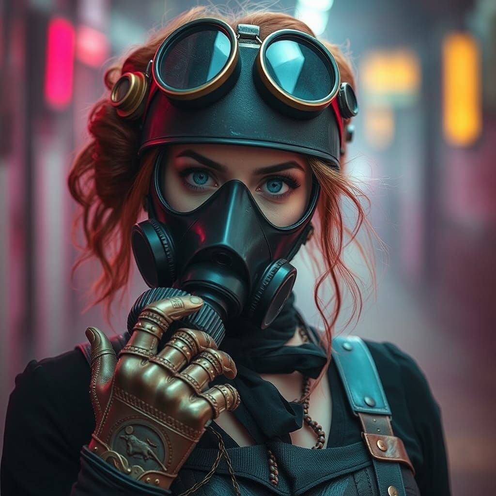Steampunk Cyber Warrior in Neon Dystopia