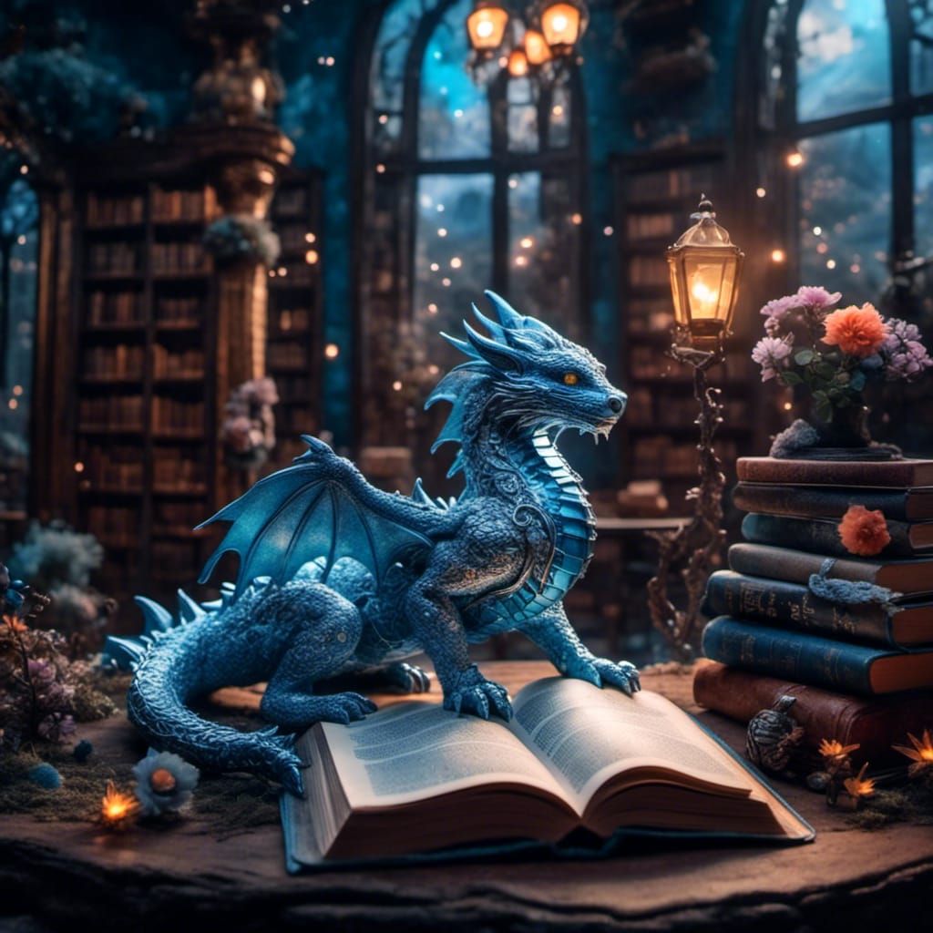 Silver and Blue Dragon Reads in Library