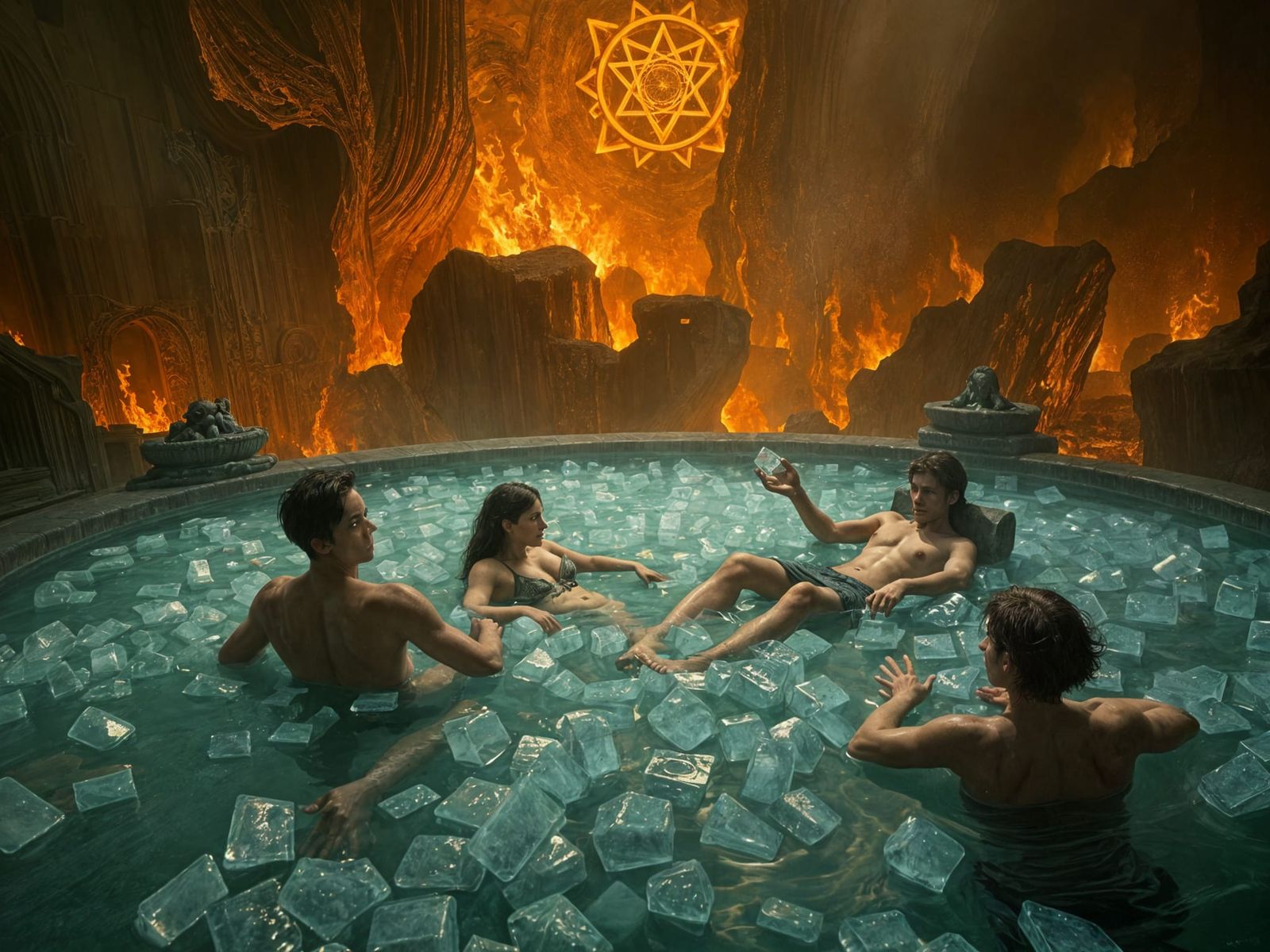 Hell's Denizens Enjoy Ice Water in Eldritch Art Nouveau Styl...