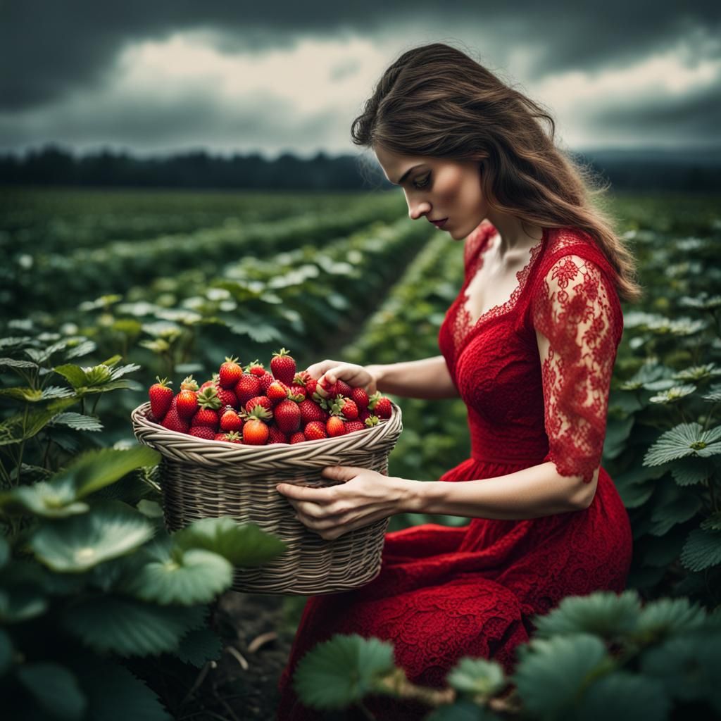 Woman in Red Lace Dress Picking Strawberries