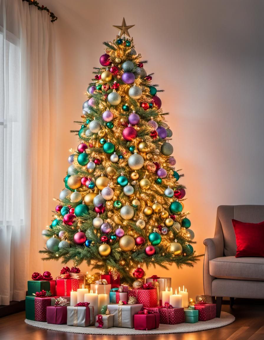 Festive Christmas Tree with Candles and Glass Balls