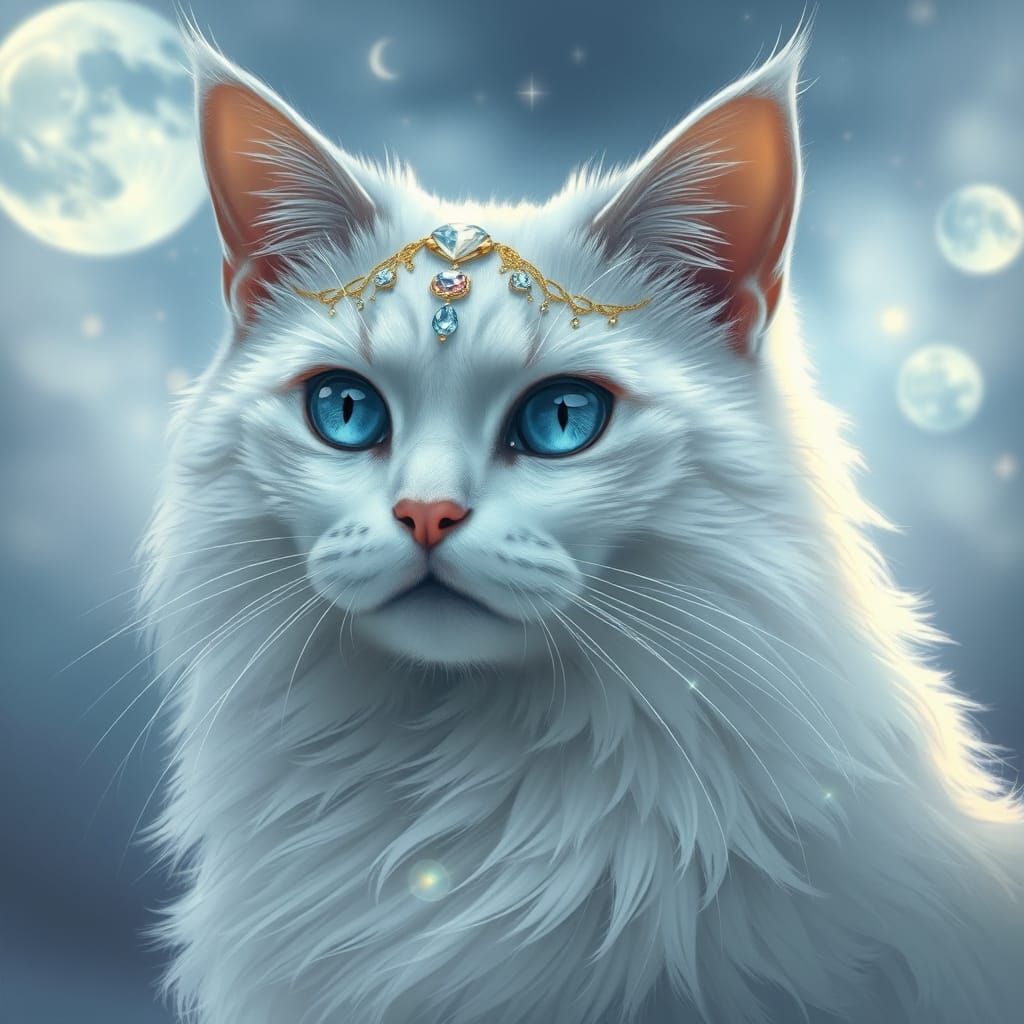 Regal White Cat in Mystical, Dreamlike Atmosphere