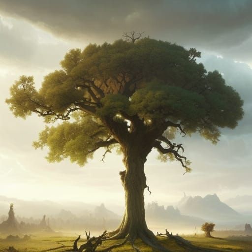 Majestic Oak Tree in Storm, Digital Matte Painting