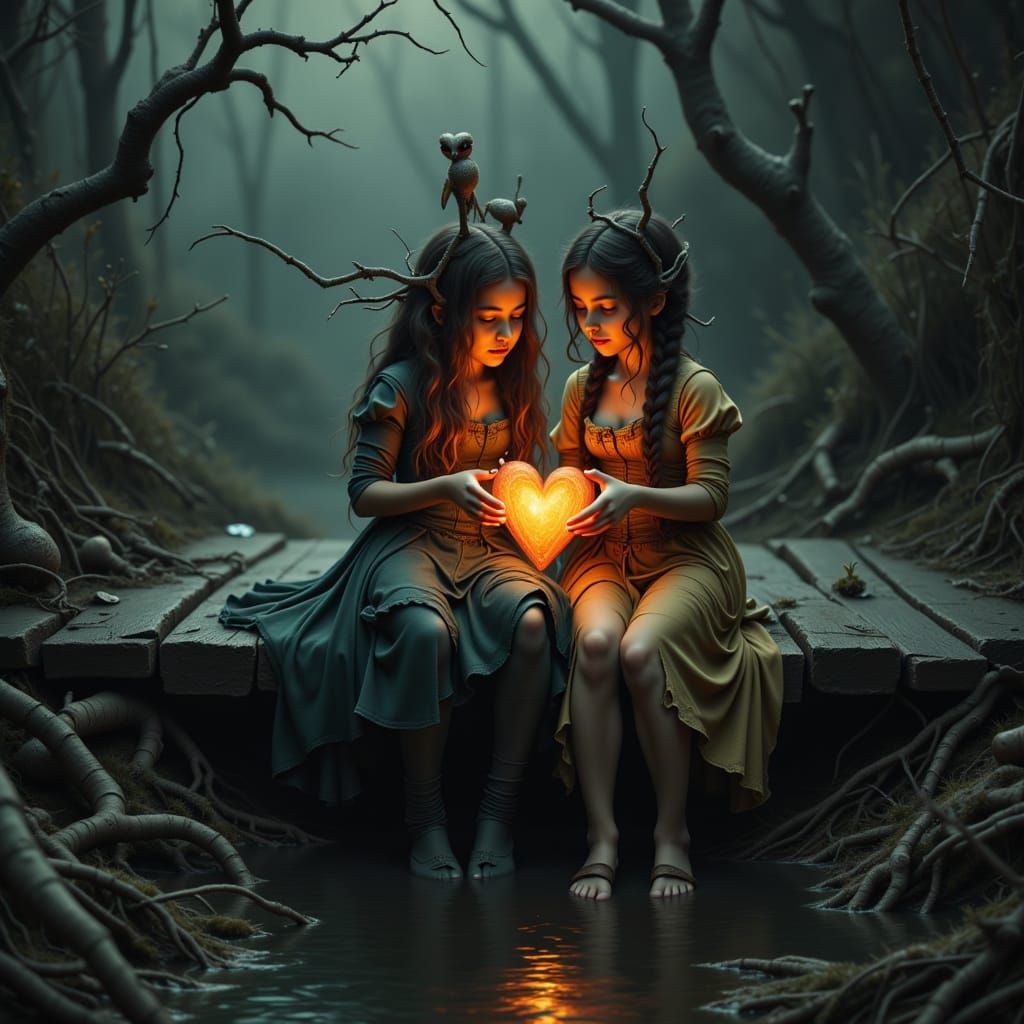Eerie Irish Girls with Owl and Flaming Heart