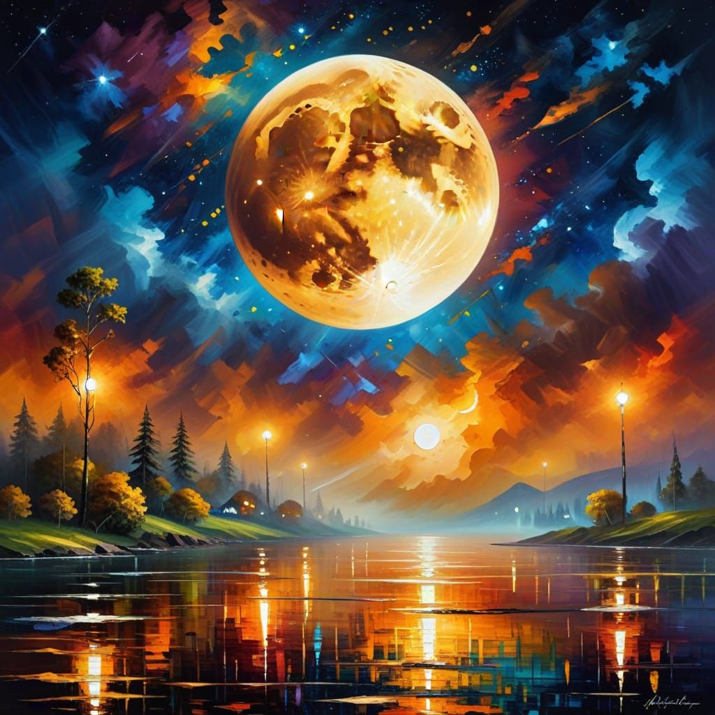 Glowing Full Moons in Leonid Afremov Style