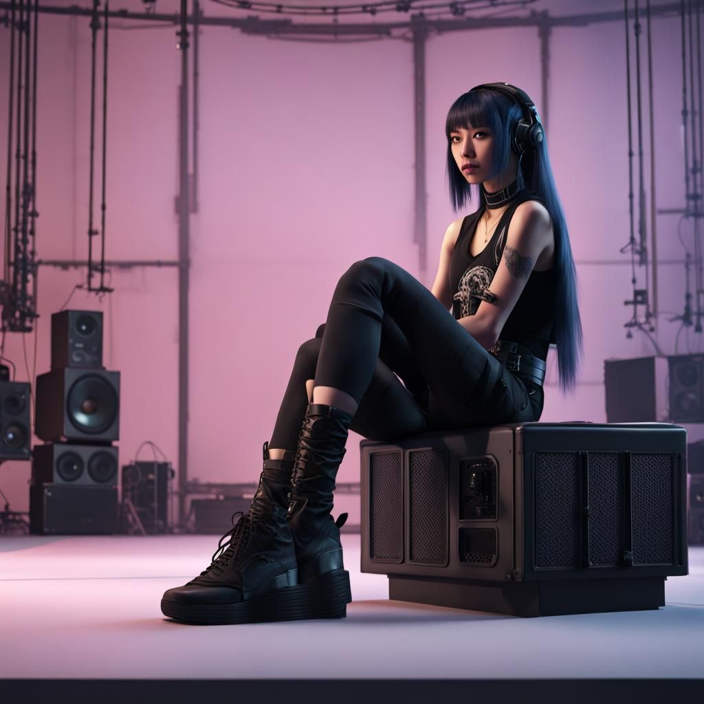 Goth Asian Girl in Music Studio: Hyperrealistic Photo