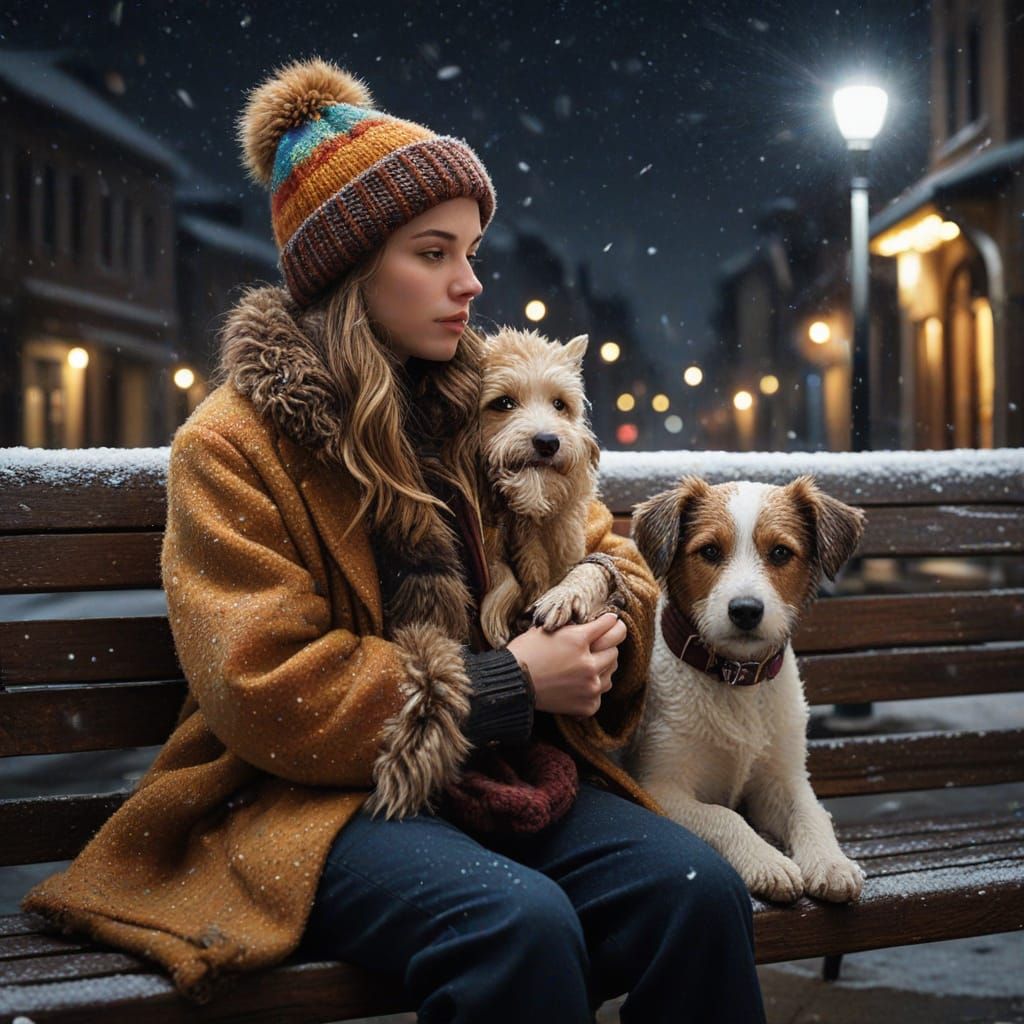Girl with Knitted Dog in Snowy Starry Night