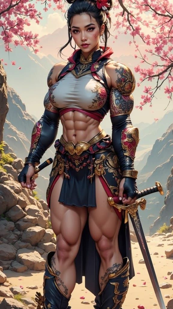 Geisha Warrior in Cherry Blossom Landscape