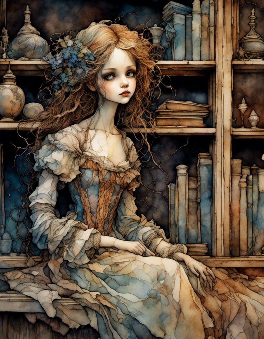 Eerie Baroque Doll with Glowing Eyes, Mucha Style